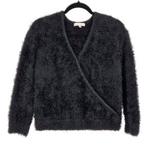 WAYF Women's Medium Black‎ Fuzzy Knit Faux Wrap Sweater Top Long Sleeve Cozy